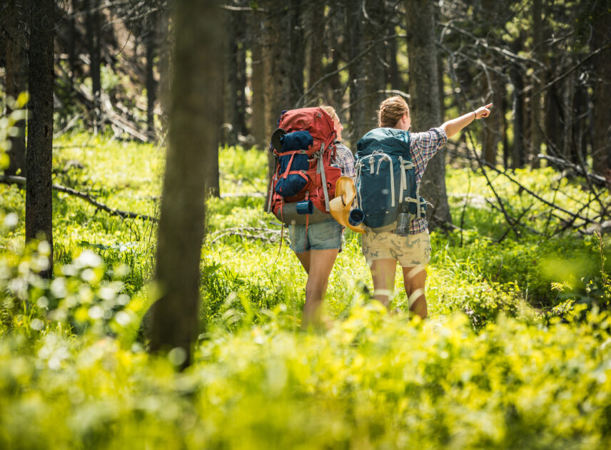 Two girlfriends hiking in the mountains. Red Lodge, Montana, USA